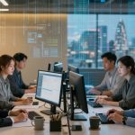A group of people in business attire work at desks with computers in a modern office. Digital data graphics overlay the scene. Large windows reveal a cityscape outside.