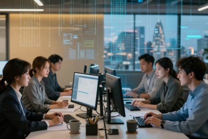 A group of people in business attire work at desks with computers in a modern office. Digital data graphics overlay the scene. Large windows reveal a cityscape outside.