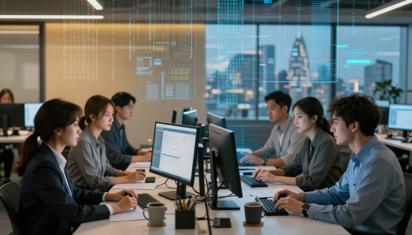 A group of people in business attire work at desks with computers in a modern office. Digital data graphics overlay the scene. Large windows reveal a cityscape outside.