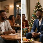 Left image: A man in a gray blazer and white shirt sits at a cafe table, smiling, with people and drinks in the background. Right image: The same man in a navy suit sits by a Christmas tree, smiling, surrounded by people in colorful attire, with food and drinks on the table.