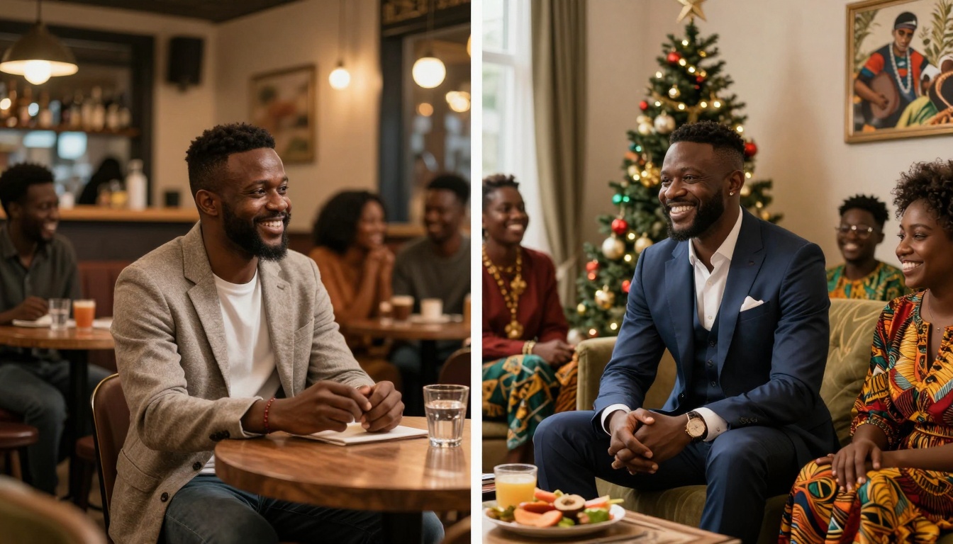 Left image: A man in a gray blazer and white shirt sits at a cafe table, smiling, with people and drinks in the background. Right image: The same man in a navy suit sits by a Christmas tree, smiling, surrounded by people in colorful attire, with food and drinks on the table.
