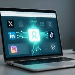 A laptop displaying a digital interface with various social media icons, including X, LinkedIn, TikTok, and Instagram, surrounding a glowing user profile icon. The background is a blurred room with a bell and phone on the table.