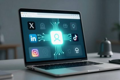 A laptop displaying a digital interface with various social media icons, including X, LinkedIn, TikTok, and Instagram, surrounding a glowing user profile icon. The background is a blurred room with a bell and phone on the table.