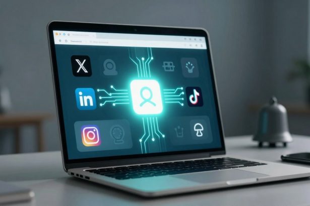 A laptop displaying a digital interface with various social media icons, including X, LinkedIn, TikTok, and Instagram, surrounding a glowing user profile icon. The background is a blurred room with a bell and phone on the table.