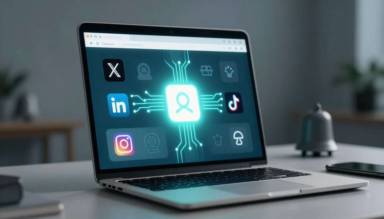 A laptop displaying a digital interface with various social media icons, including X, LinkedIn, TikTok, and Instagram, surrounding a glowing user profile icon. The background is a blurred room with a bell and phone on the table.
