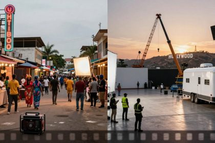 Split image: Left shows a bustling street market with neon signs and people walking, some in colorful traditional attire. Right depicts a film set with a large crane, trailer, crew members, and the "Hollywood" sign in the background at sunset.