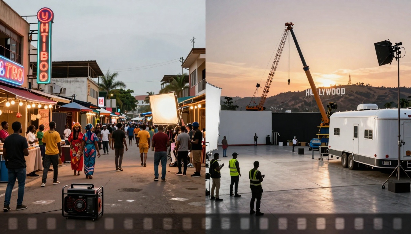 Split image: Left shows a bustling street market with neon signs and people walking, some in colorful traditional attire. Right depicts a film set with a large crane, trailer, crew members, and the "Hollywood" sign in the background at sunset.