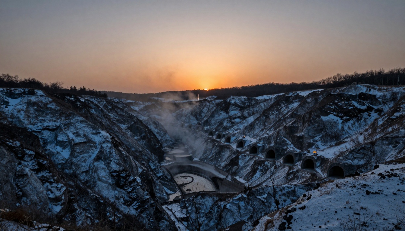 Snow-covered quarry with multiple tunnel entrances carved into rocky cliffs. The sun sets on the horizon, casting an orange glow.