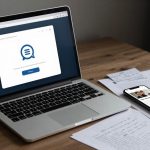 A laptop displaying a messaging app login screen sits on a wooden desk. Beside it, a smartphone shows a contact profile. Papers with handwritten notes are scattered around.