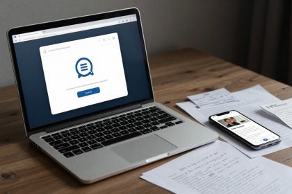 A laptop displaying a messaging app login screen sits on a wooden desk. Beside it, a smartphone shows a contact profile. Papers with handwritten notes are scattered around.