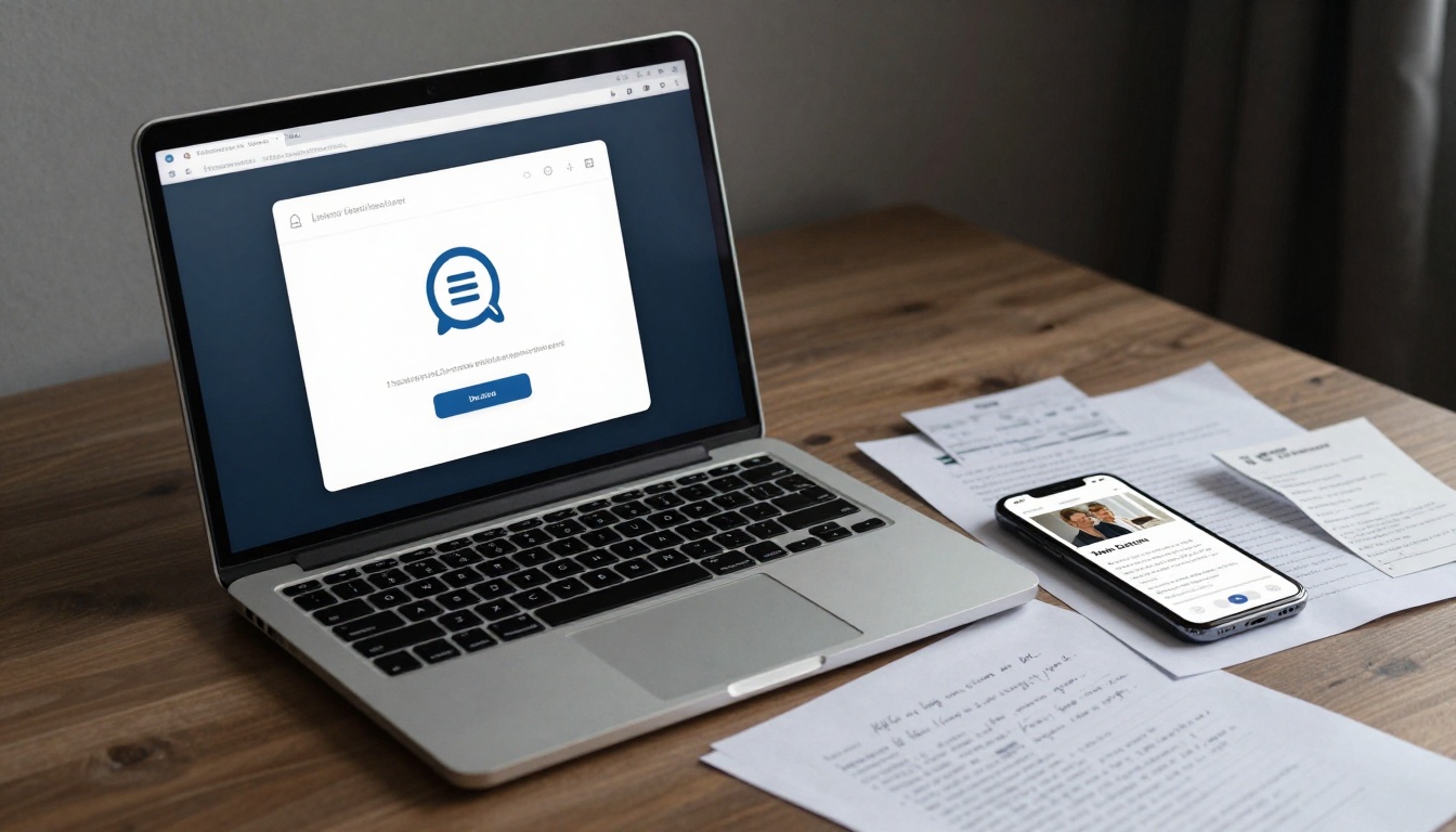 A laptop displaying a messaging app login screen sits on a wooden desk. Beside it, a smartphone shows a contact profile. Papers with handwritten notes are scattered around.
