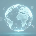 Digital globe with glowing continents and network lines on a light blue background. Icons like a magnifying glass and thumbs up are around it.
