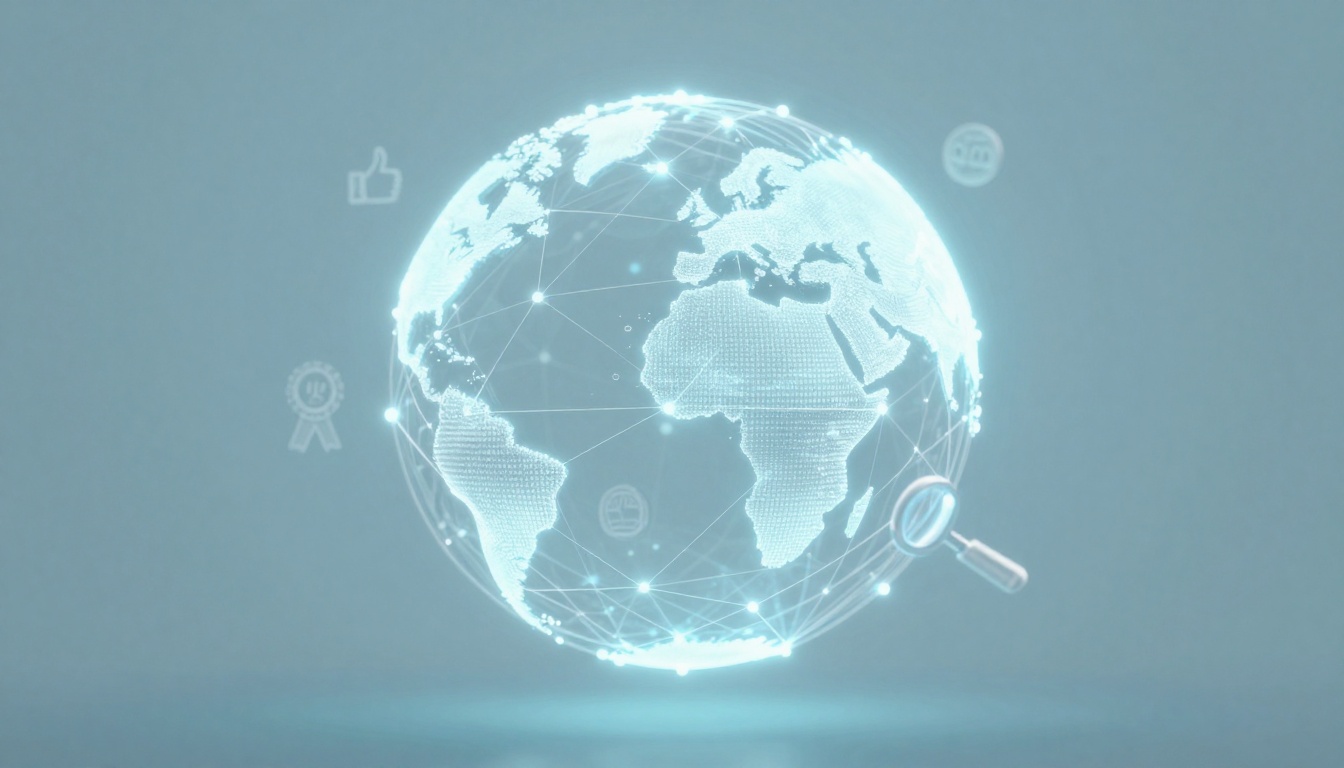 Digital globe with glowing continents and network lines on a light blue background. Icons like a magnifying glass and thumbs up are around it.