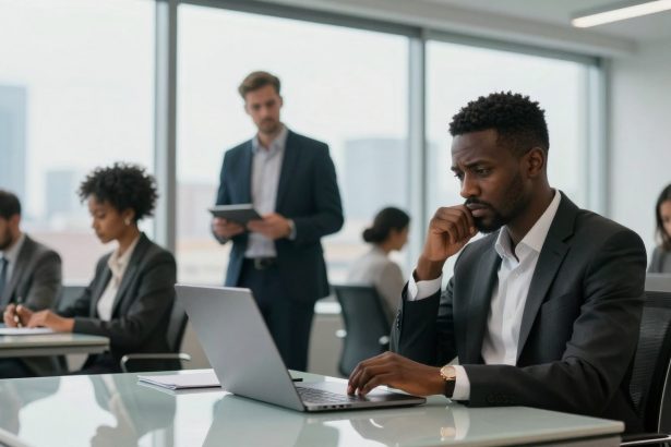 A man in a suit sits at a desk, focused on a laptop. Around him, several colleagues work at their own desks in a bright office with large windows.