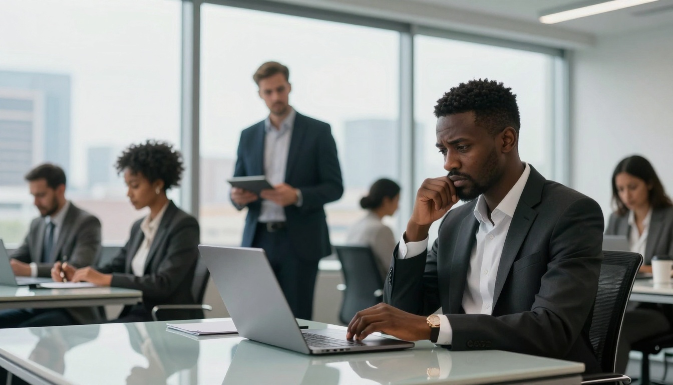 A man in a suit sits at a desk, focused on a laptop. Around him, several colleagues work at their own desks in a bright office with large windows.