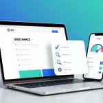 A laptop displaying an SEO dashboard with a checklist on the screen, next to a smartphone showing a speedometer graphic. The background is a gradient of blue and teal with circuit-like lines.