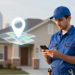 A person in a blue uniform and cap uses a smartphone outside a suburban house. A digital map with a location pin hovers nearby.