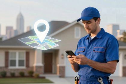 A person in a blue uniform and cap uses a smartphone outside a suburban house. A digital map with a location pin hovers nearby.
