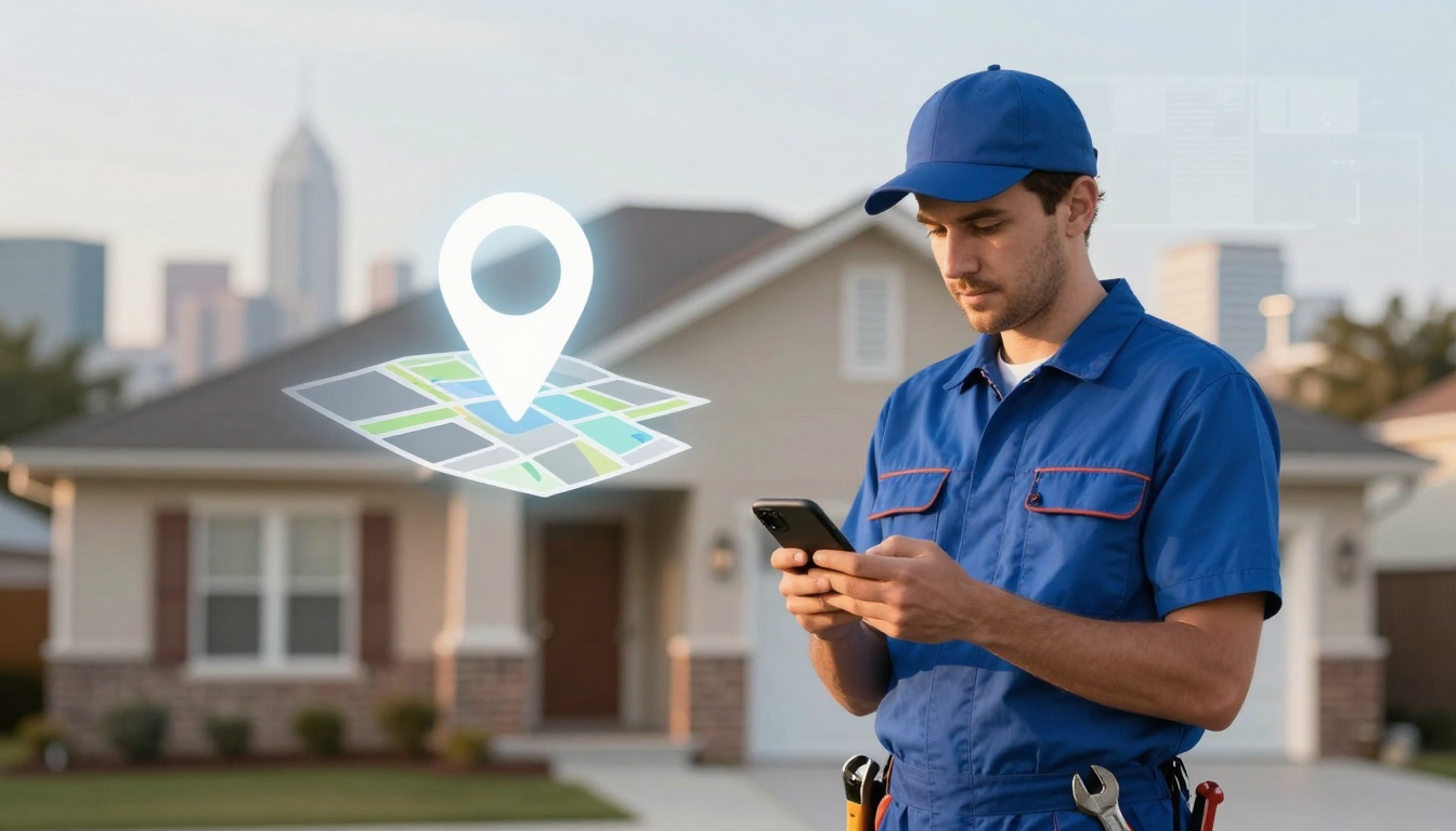 A person in a blue uniform and cap uses a smartphone outside a suburban house. A digital map with a location pin hovers nearby.