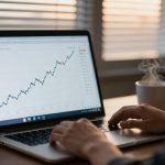 A person types on a laptop displaying a rising line graph. A steaming cup of coffee is nearby, with blinds in the background.