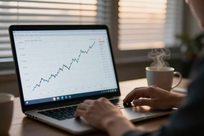 A person types on a laptop displaying a rising line graph. A steaming cup of coffee is nearby, with blinds in the background.