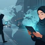 A woman in a hijab uses a tablet on a city street, with a digital world map and cybersecurity icons in the background. Another person in a hoodie walks while using a laptop.