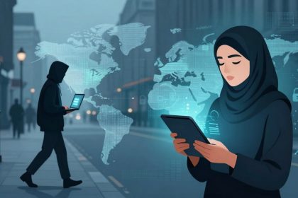 A woman in a hijab uses a tablet on a city street, with a digital world map and cybersecurity icons in the background. Another person in a hoodie walks while using a laptop.