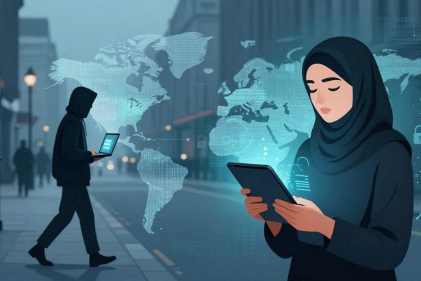 A woman in a hijab uses a tablet on a city street, with a digital world map and cybersecurity icons in the background. Another person in a hoodie walks while using a laptop.