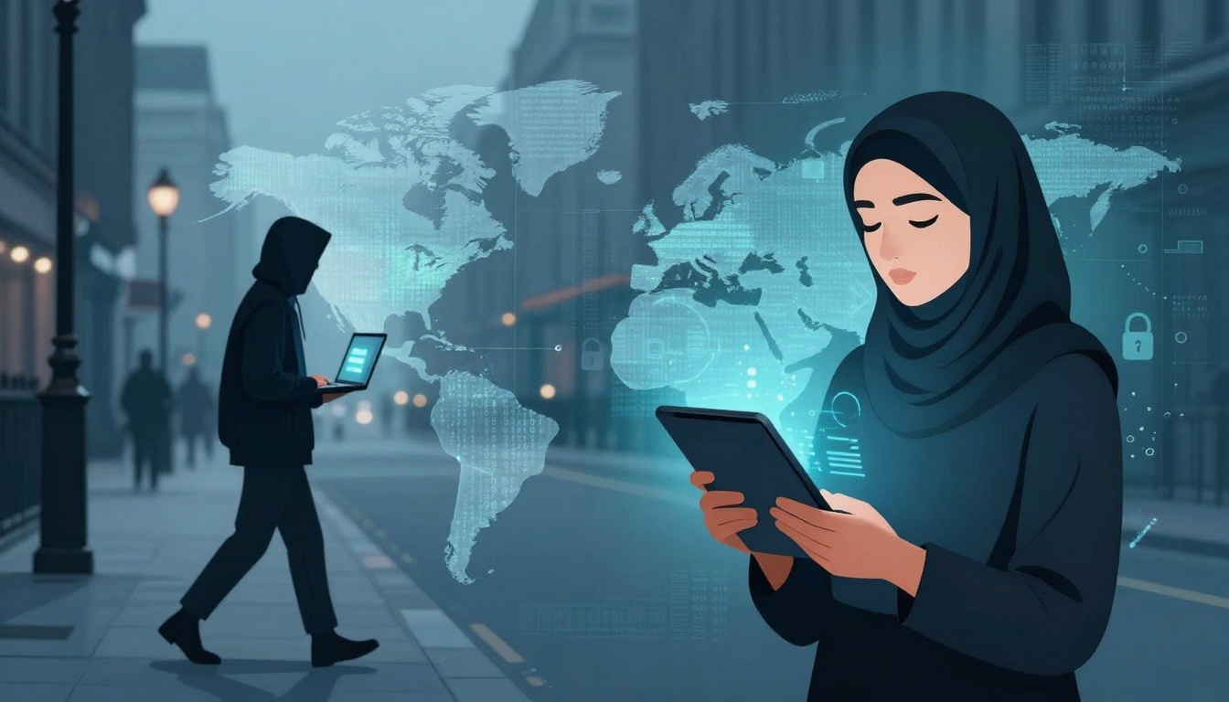 A woman in a hijab uses a tablet on a city street, with a digital world map and cybersecurity icons in the background. Another person in a hoodie walks while using a laptop.