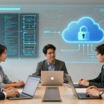 Five people in business attire sit around a conference table with laptops. A holographic cloud with a lock icon and code is projected on the wall.