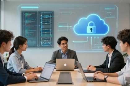Five people in business attire sit around a conference table with laptops. A holographic cloud with a lock icon and code is projected on the wall.