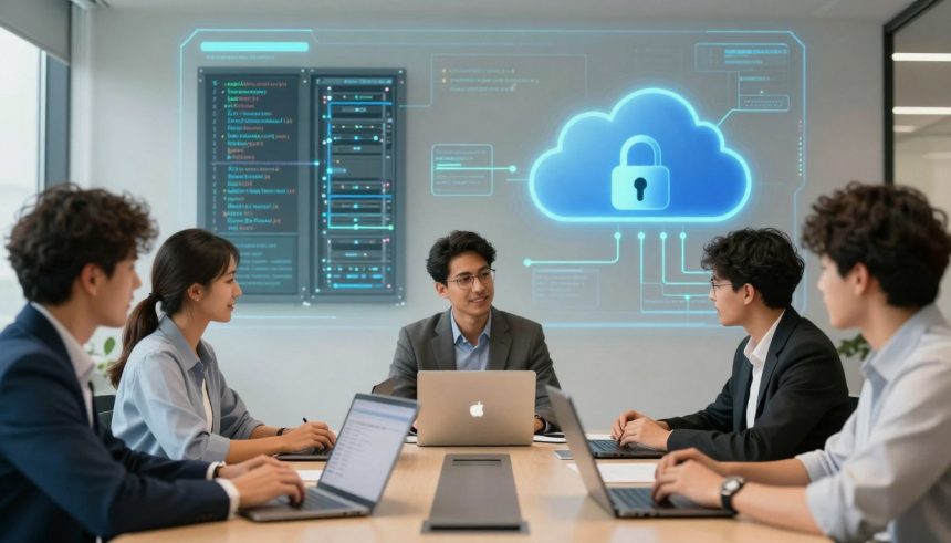 Five people in business attire sit around a conference table with laptops. A holographic cloud with a lock icon and code is projected on the wall.