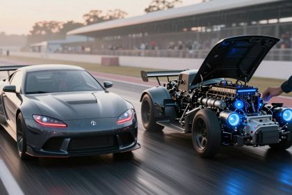 A sleek gray sports car races alongside an open-chassis vehicle with a visible engine and glowing blue lights on a wet racetrack. The track is lined with a blurred audience and buildings in the background under a cloudy sky.
