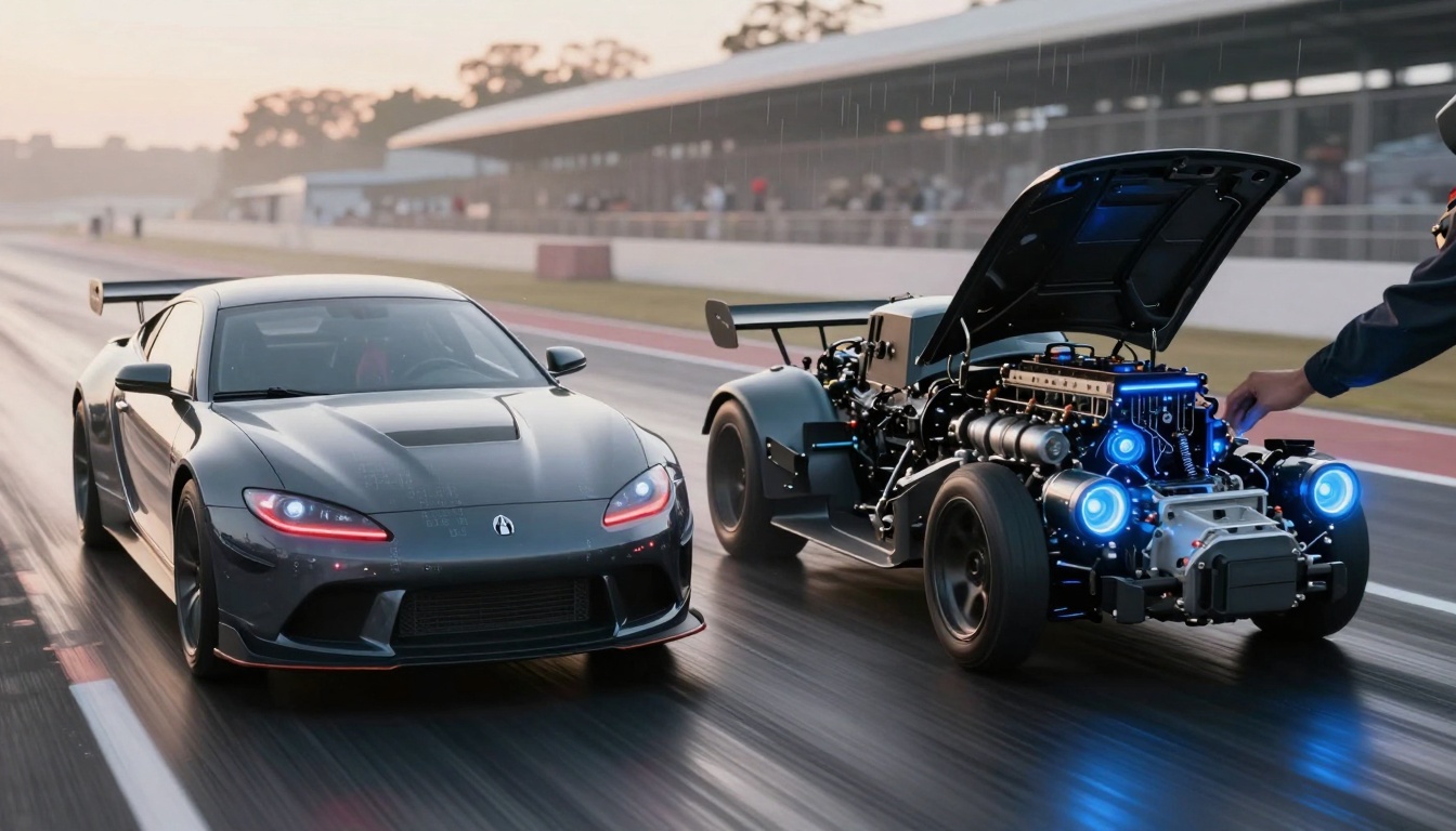 A sleek gray sports car races alongside an open-chassis vehicle with a visible engine and glowing blue lights on a wet racetrack. The track is lined with a blurred audience and buildings in the background under a cloudy sky.
