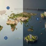 Split-image with a map of the world on the left, featuring icons and a NATO emblem. On the right, islands with grass, doors, and circular fences on a dark sea, connected by lines.