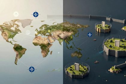 Split-image with a map of the world on the left, featuring icons and a NATO emblem. On the right, islands with grass, doors, and circular fences on a dark sea, connected by lines.