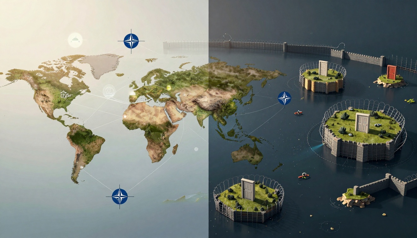 Split-image with a map of the world on the left, featuring icons and a NATO emblem. On the right, islands with grass, doors, and circular fences on a dark sea, connected by lines.