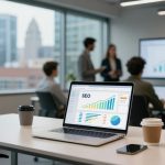 A conference room with people discussing in the background, a laptop displaying an SEO chart in the foreground, a coffee cup, and a smartphone on the table. A large screen shows a bar graph. Large windows reveal a cityscape.
