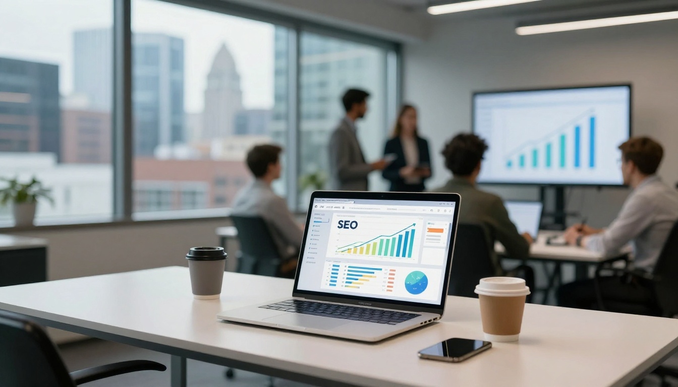 A conference room with people discussing in the background, a laptop displaying an SEO chart in the foreground, a coffee cup, and a smartphone on the table. A large screen shows a bar graph. Large windows reveal a cityscape.