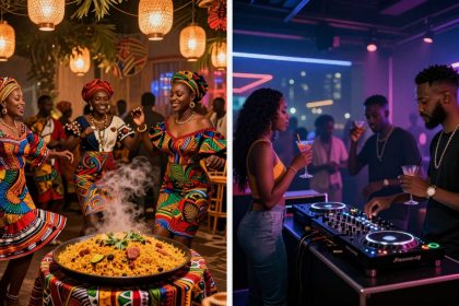Left image: Women in vibrant African dresses dance around a steaming dish under hanging lights. Right image: A DJ mixes music at a club while people enjoy cocktails.