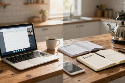 A split image of a kitchen table setup. On the left, a laptop displays a calendar and video call with two men, accompanied by a mug of coffee. On the right, an open notebook labeled "Decisions," a smartphone, and a kettle are arranged on the wooden surface.