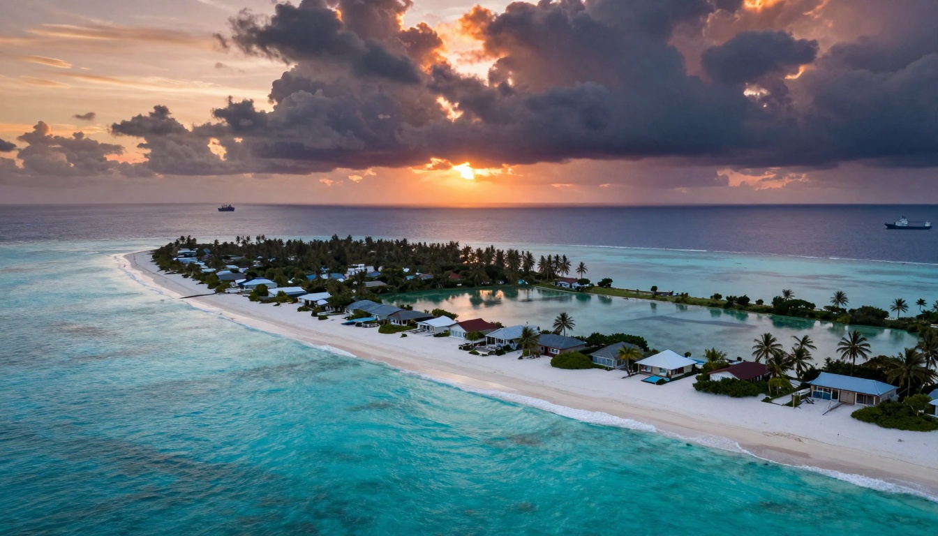 Aerial view of a tropical island at sunset, with sandy beaches, palm trees, and small houses. The turquoise ocean surrounds the island, and dark clouds hover above with the sun setting in the background.