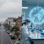 The image is split into two sections. The left side shows a straight street lined with parked cars and multi-story buildings under an overcast sky. The right side features two lab technicians in protective gear working with vials in a laboratory, with a digital world map projection above them.