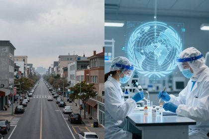 The image is split into two sections. The left side shows a straight street lined with parked cars and multi-story buildings under an overcast sky. The right side features two lab technicians in protective gear working with vials in a laboratory, with a digital world map projection above them.