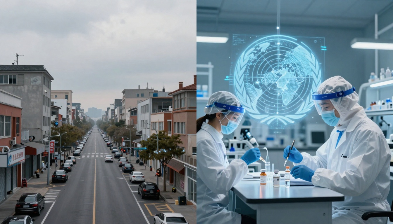 The image is split into two sections. The left side shows a straight street lined with parked cars and multi-story buildings under an overcast sky. The right side features two lab technicians in protective gear working with vials in a laboratory, with a digital world map projection above them.