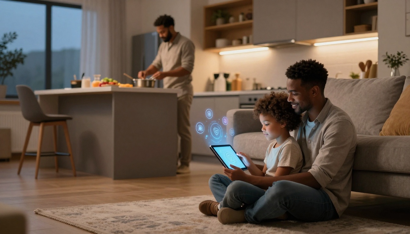 A father and child sit on a living room floor, engaging with a tablet displaying holographic icons. A person cooks in the kitchen in the background. The room is warmly lit, with modern decor and a large window.
