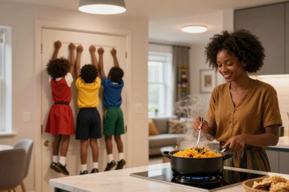 A woman stirs a steaming pot of food on a kitchen stove, smiling. In the background, three children in colorful outfits playfully hang from door handles.