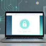 Laptop displaying a security-themed interface with a large open padlock icon. The background features digital circuit patterns and floating padlock symbols, suggesting cybersecurity.