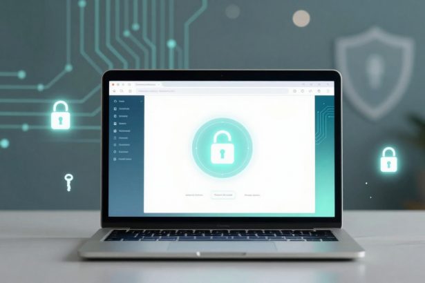 Laptop displaying a security-themed interface with a large open padlock icon. The background features digital circuit patterns and floating padlock symbols, suggesting cybersecurity.