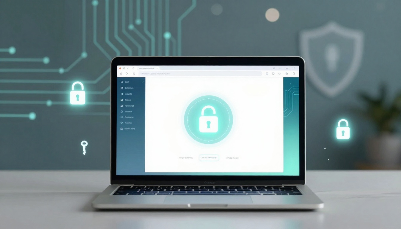 Laptop displaying a security-themed interface with a large open padlock icon. The background features digital circuit patterns and floating padlock symbols, suggesting cybersecurity.